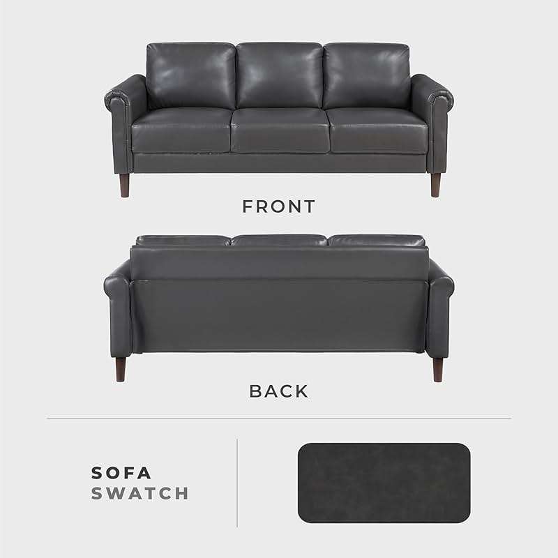 Lexicon 79" W Sofa Couch, Faux Leather Upholstered 3-Seater with Rolled Arms & Wood-Look Feet, Pocket Coil Support, Traditional Living Room, Office or Waiting Room Seating - Dark Gray - Image 4