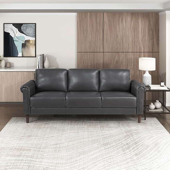 Lexicon 79" W Sofa Couch, Faux Leather Upholstered 3-Seater with Rolled Arms & Wood-Look Feet, Pocket Coil Support, Traditional Living Room, Office or Waiting Room Seating - Dark Gray - Image 5