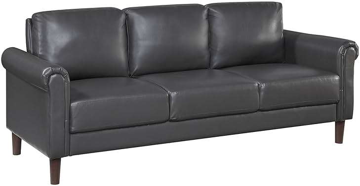 Lexicon 79" W Sofa Couch, Faux Leather Upholstered 3-Seater with Rolled Arms & Wood-Look Feet, Pocket Coil Support, Traditional Living Room, Office or Waiting Room Seating - Dark Gray - Image 6