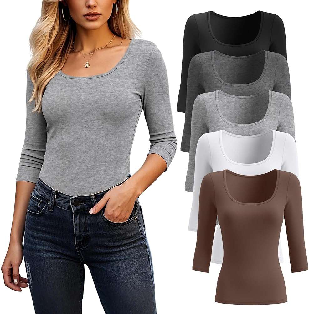Riyiper 5 Pack Women's 3/4 Sleeve Shirts, Scoop Neck Tops Stretchy Slim Fit Basic T-Shirts Casual Athletic Tees - Image 1