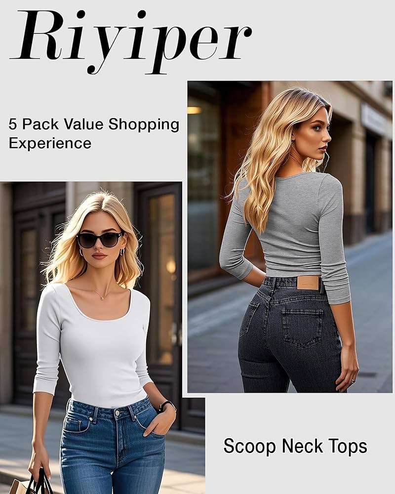 Riyiper 5 Pack Women's 3/4 Sleeve Shirts, Scoop Neck Tops Stretchy Slim Fit Basic T-Shirts Casual Athletic Tees - Image 4