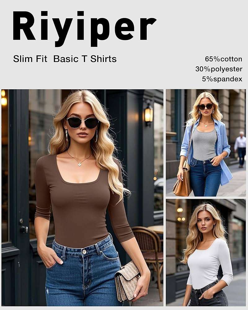 Riyiper 5 Pack Women's 3/4 Sleeve Shirts, Scoop Neck Tops Stretchy Slim Fit Basic T-Shirts Casual Athletic Tees - Image 5