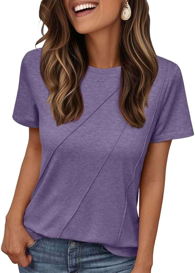 AUTOMET Women's Short Sleeve Tops – Soft & Comfortable Crewneck T-Shirts with Unique Diagonal Stitching, Summer Casual Wear - Image 1