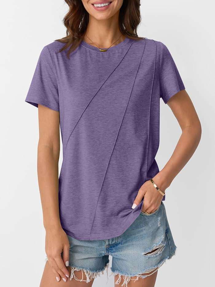 AUTOMET Women's Short Sleeve Tops – Soft & Comfortable Crewneck T-Shirts with Unique Diagonal Stitching, Summer Casual Wear - Image 2