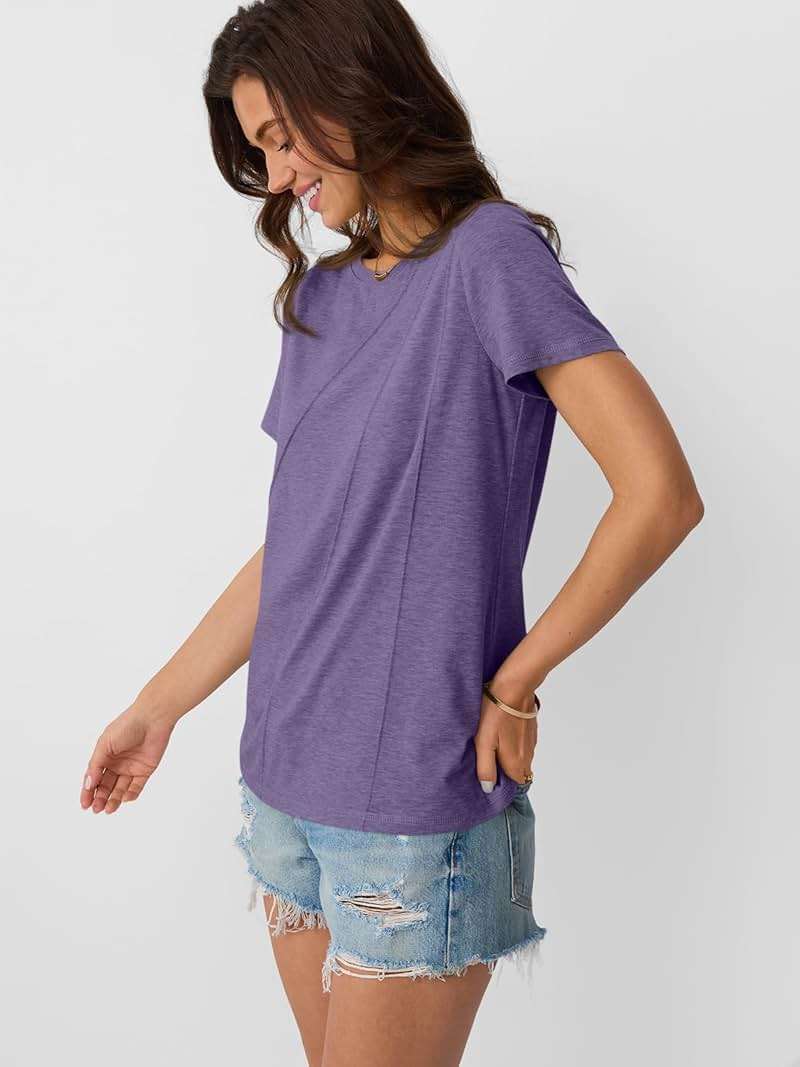 AUTOMET Women's Short Sleeve Tops – Soft & Comfortable Crewneck T-Shirts with Unique Diagonal Stitching, Summer Casual Wear - Image 3