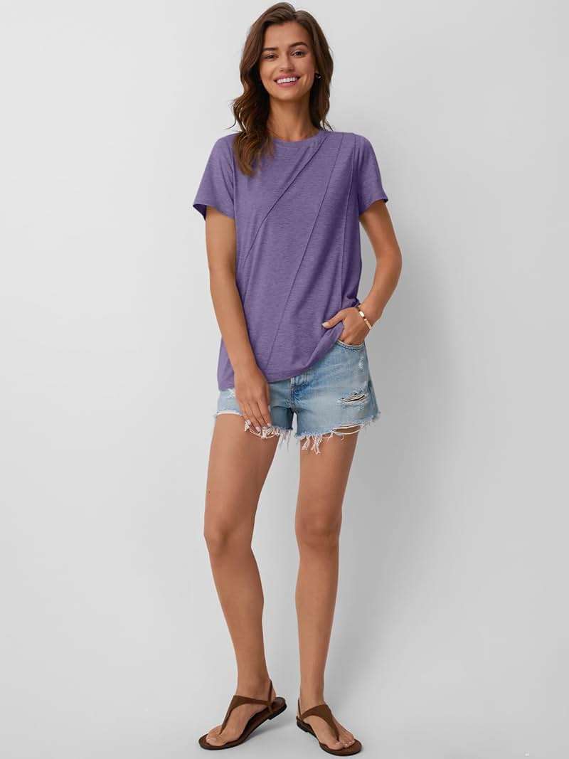 AUTOMET Women's Short Sleeve Tops – Soft & Comfortable Crewneck T-Shirts with Unique Diagonal Stitching, Summer Casual Wear - Image 5