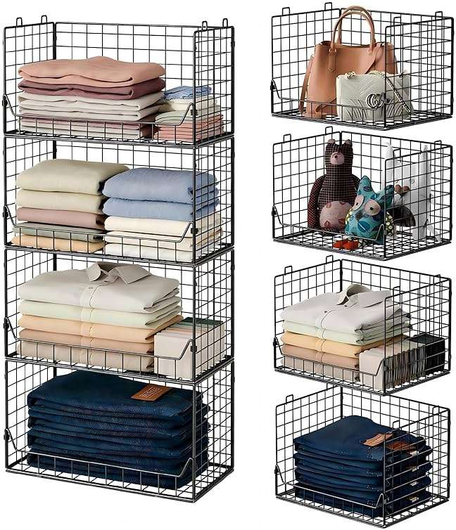 Jakyitvi 4-Tier Extra Height Stackable Closet Organizer – Foldable Storage Bins for Sweaters, Jeans, and Clothes – Sturdy Iron Mesh Shelves for Neat and Efficient Closet Storage – Black - Image 1