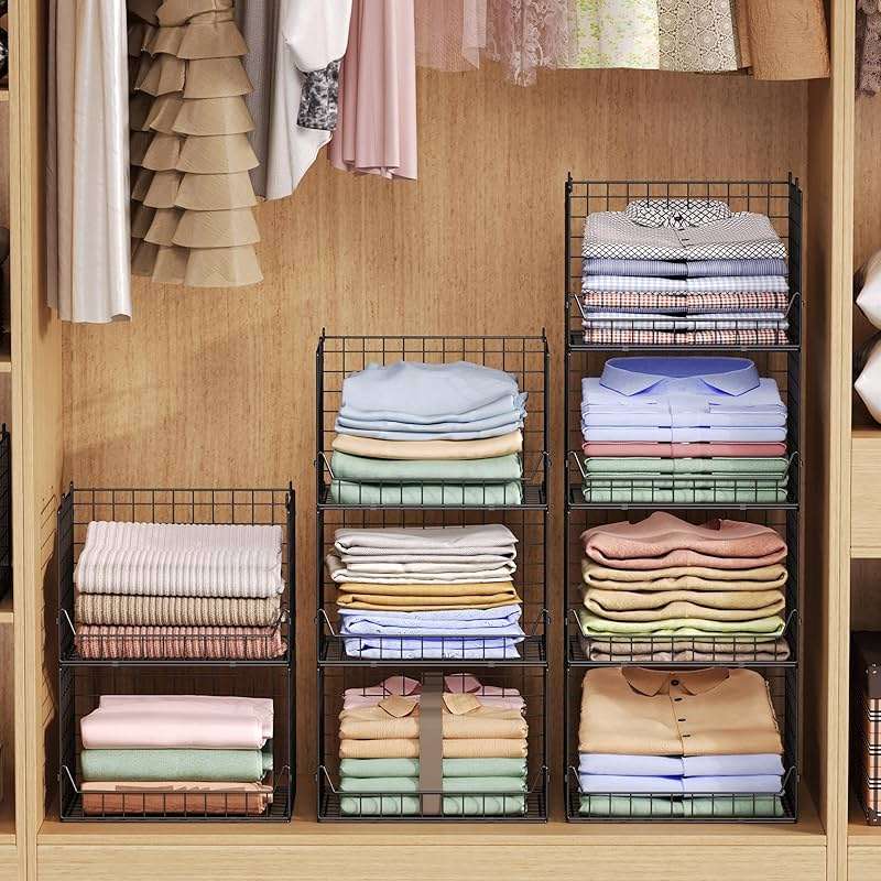 Jakyitvi 4-Tier Extra Height Stackable Closet Organizer – Foldable Storage Bins for Sweaters, Jeans, and Clothes – Sturdy Iron Mesh Shelves for Neat and Efficient Closet Storage – Black - Image 2