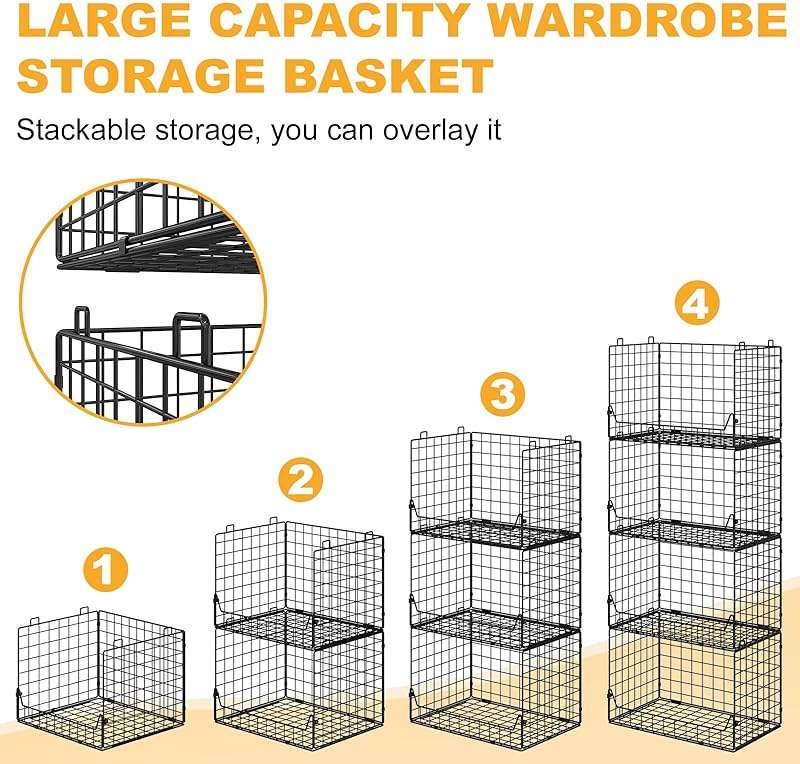 Jakyitvi 4-Tier Extra Height Stackable Closet Organizer – Foldable Storage Bins for Sweaters, Jeans, and Clothes – Sturdy Iron Mesh Shelves for Neat and Efficient Closet Storage – Black - Image 4