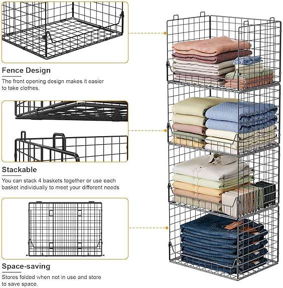 Jakyitvi 4-Tier Extra Height Stackable Closet Organizer – Foldable Storage Bins for Sweaters, Jeans, and Clothes – Sturdy Iron Mesh Shelves for Neat and Efficient Closet Storage – Black - Image 6