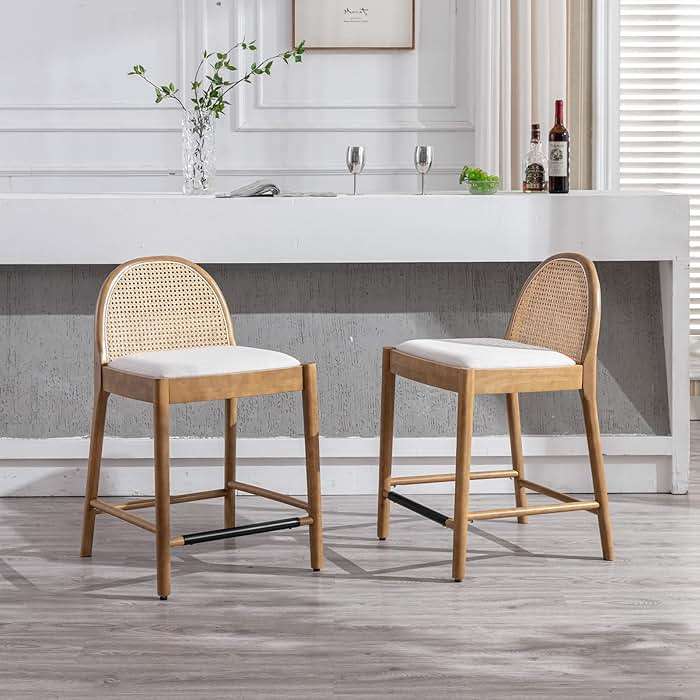 DUOMAY Modern Counter Stools Set of 4, 26 Inch Seat Height Counter Height Barstools Wooden Linen Upholstered Bar Stools with Oval Rattan Backrest Armless Kitchen Island Stool Chair, Beige - Image 7