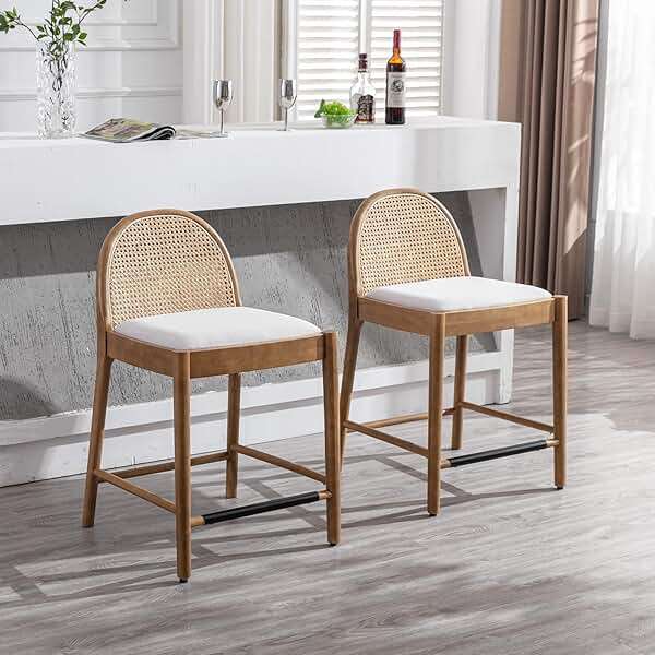 DUOMAY Modern Counter Stools Set of 4, 26 Inch Seat Height Counter Height Barstools Wooden Linen Upholstered Bar Stools with Oval Rattan Backrest Armless Kitchen Island Stool Chair, Beige - Image 8