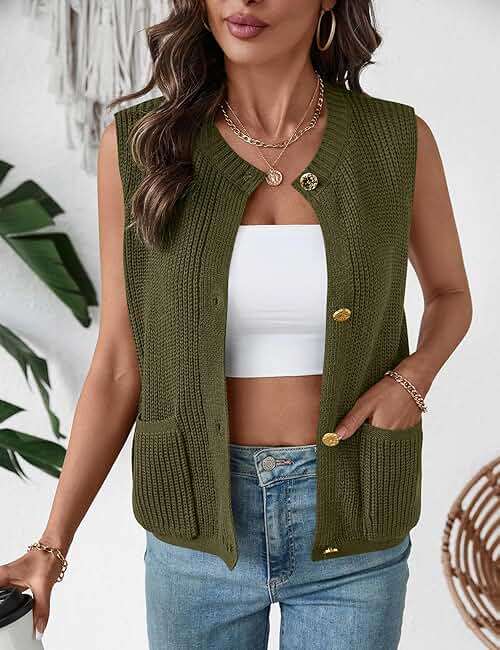 LUYAA Green Sweater Women Button Round Neck Knit Vest Top Trendy Casual Cardigan 2025 Spring Sweater Army Green L - Image 2