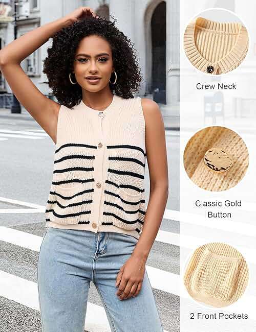 LUYAA Sweater Vest Women Button Round Neck Knit Vest Top Trendy Spring Summer Trendy Outfits Black S - Image 4