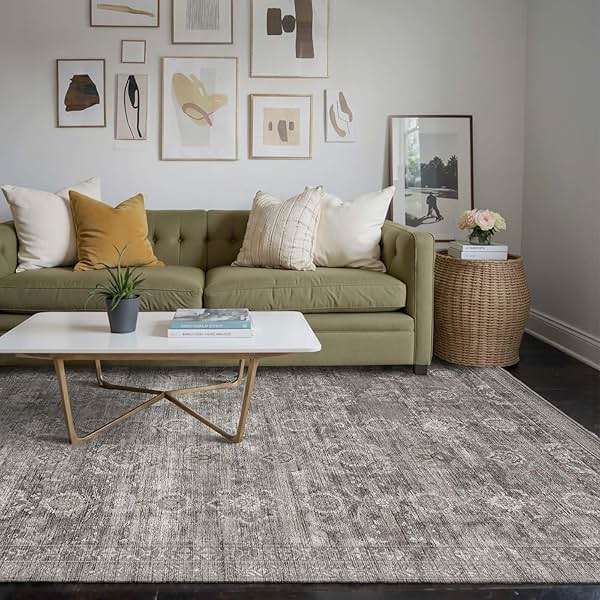 Rugxara Area Rugs 5x7 for Living Room Bedroom, Grey Washable Rug, Vintage Retro Boho Rug, Non Slip & Low Pile Faux Wool Thin Carpet for Indoor Dining Room, Dorm and Kids Room(Taupe/Grey 5x7ft) - Image 2