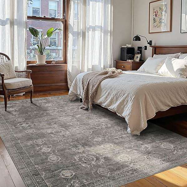 Rugxara Area Rugs 5x7 for Living Room Bedroom, Grey Washable Rug, Vintage Retro Boho Rug, Non Slip & Low Pile Faux Wool Thin Carpet for Indoor Dining Room, Dorm and Kids Room(Taupe/Grey 5x7ft) - Image 3