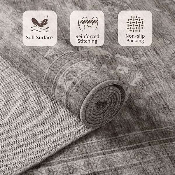 Rugxara Area Rugs 5x7 for Living Room Bedroom, Grey Washable Rug, Vintage Retro Boho Rug, Non Slip & Low Pile Faux Wool Thin Carpet for Indoor Dining Room, Dorm and Kids Room(Taupe/Grey 5x7ft) - Image 4