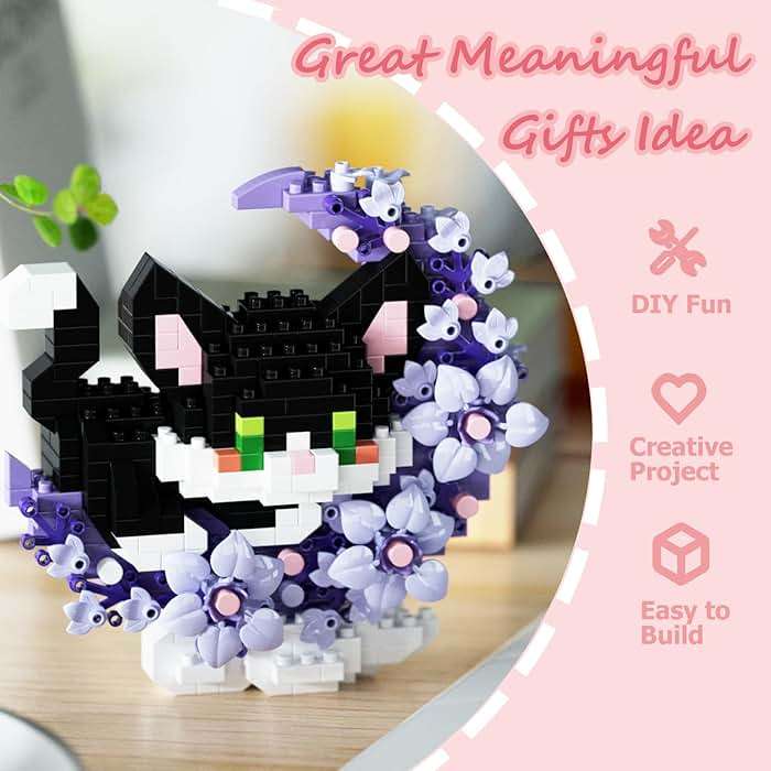 TENYEAH 2 in 1 Mini Building Block Set Animals with Flower and Moon, Micro Brick Toy Cats, Creative Art Craft and Home Decor, Birthday Gifts Idea for Adults - Image 3