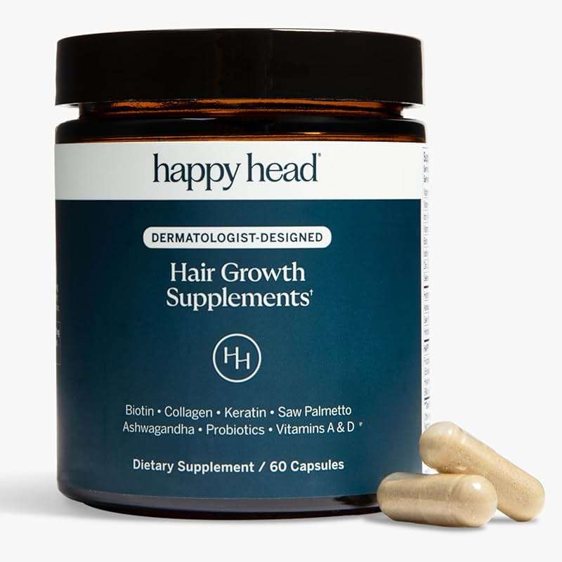 Happy Head Hair Supplement Capsules for Men & Women with Biotin, Collagen, Keratin, Ashwagandha, Vitamins D, Vitamin A, & Saw Palmetto, Daily Hair Care Support Formula, 1 Month Supply, 60 Capsules - Image 1