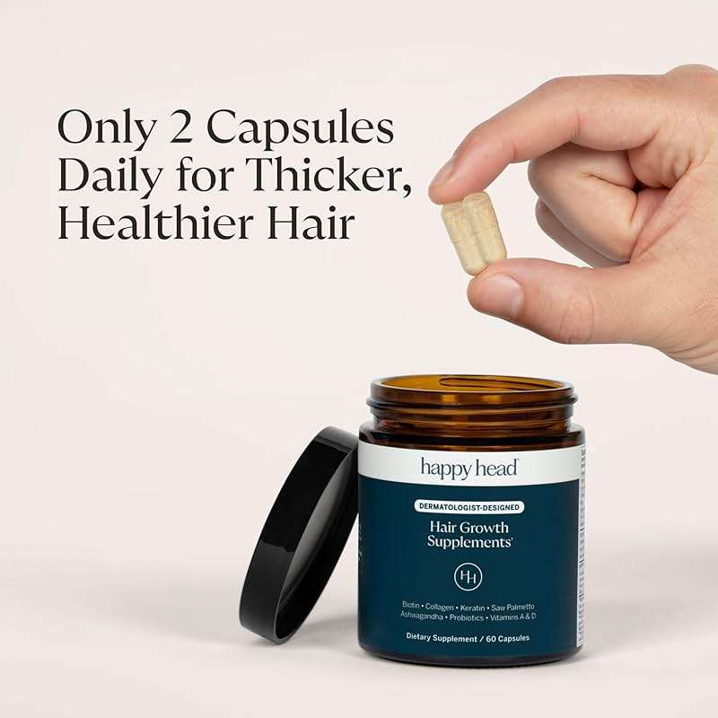 Happy Head Hair Supplement Capsules for Men & Women with Biotin, Collagen, Keratin, Ashwagandha, Vitamins D, Vitamin A, & Saw Palmetto, Daily Hair Care Support Formula, 1 Month Supply, 60 Capsules - Image 4