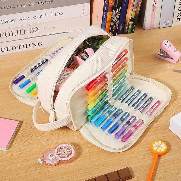 Nuozme 3 Compartment Pencil Case, Extra Large Capacity School Supplies Pencil bag with Easy Handle, Soft Corduroy Pencil Pouch, Aesthetic Supply Pen Case Bag Organizer For Teen Girls College (Beige) - Image 2