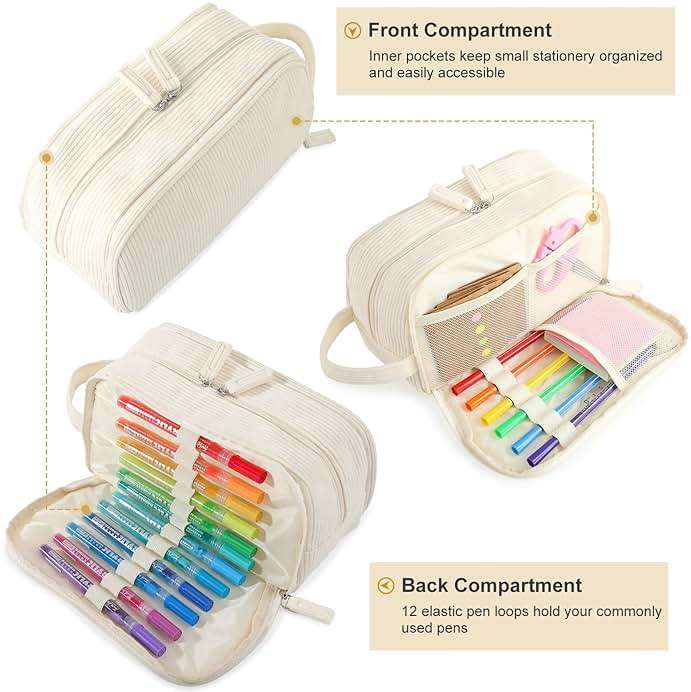 Nuozme 3 Compartment Pencil Case, Extra Large Capacity School Supplies Pencil bag with Easy Handle, Soft Corduroy Pencil Pouch, Aesthetic Supply Pen Case Bag Organizer For Teen Girls College (Beige) - Image 3