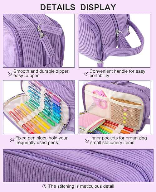 Nuozme 3 Compartment Pencil Case, Extra Large Capacity School Supplies Pencil bag with Easy Handle, Soft Corduroy Pencil Pouch, Aesthetic Supply Pen Case Bag Organizer For Teen Girls College (Beige) - Image 5