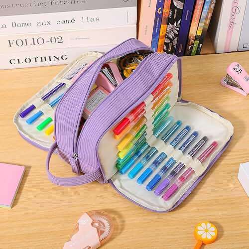 Nuozme 3 Compartment Pencil Case, Extra Large Capacity School Supplies Pencil bag with Easy Handle, Soft Corduroy Pencil Pouch, Aesthetic Supply Pen Case Bag Organizer For Teen Girls College (Beige) - Image 8