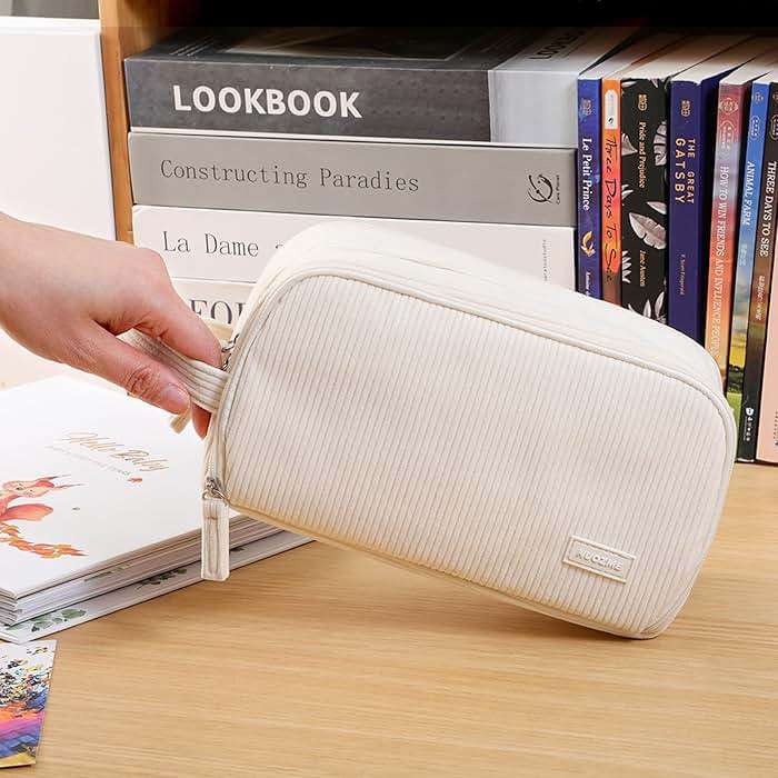 Nuozme 3 Compartment Pencil Case, Extra Large Capacity School Supplies Pencil bag with Easy Handle, Soft Corduroy Pencil Pouch, Aesthetic Supply Pen Case Bag Organizer For Teen Girls College (Beige) - Image 9