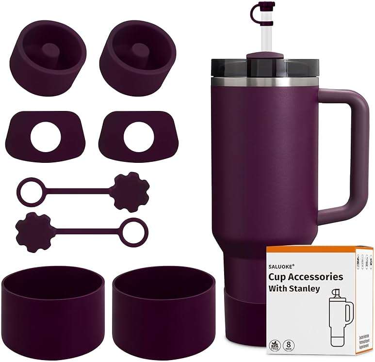 Stanley Cup Accessories 8 Pcs, Including 2 Straw Cover Cap, 2 Square Spill Stopper, 2 Round Leak Stopper, 2 Pcs Silicone Boot for Stanley Cup 2.0 40/30oz/Tumbler and IceFlow (Plum) - Image 1