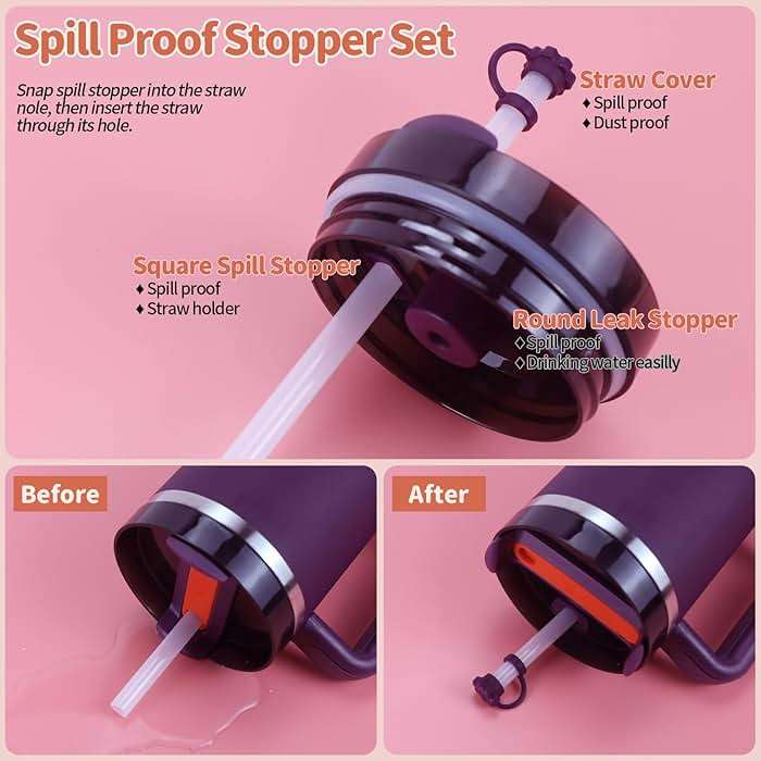 Stanley Cup Accessories 8 Pcs, Including 2 Straw Cover Cap, 2 Square Spill Stopper, 2 Round Leak Stopper, 2 Pcs Silicone Boot for Stanley Cup 2.0 40/30oz/Tumbler and IceFlow (Plum) - Image 3