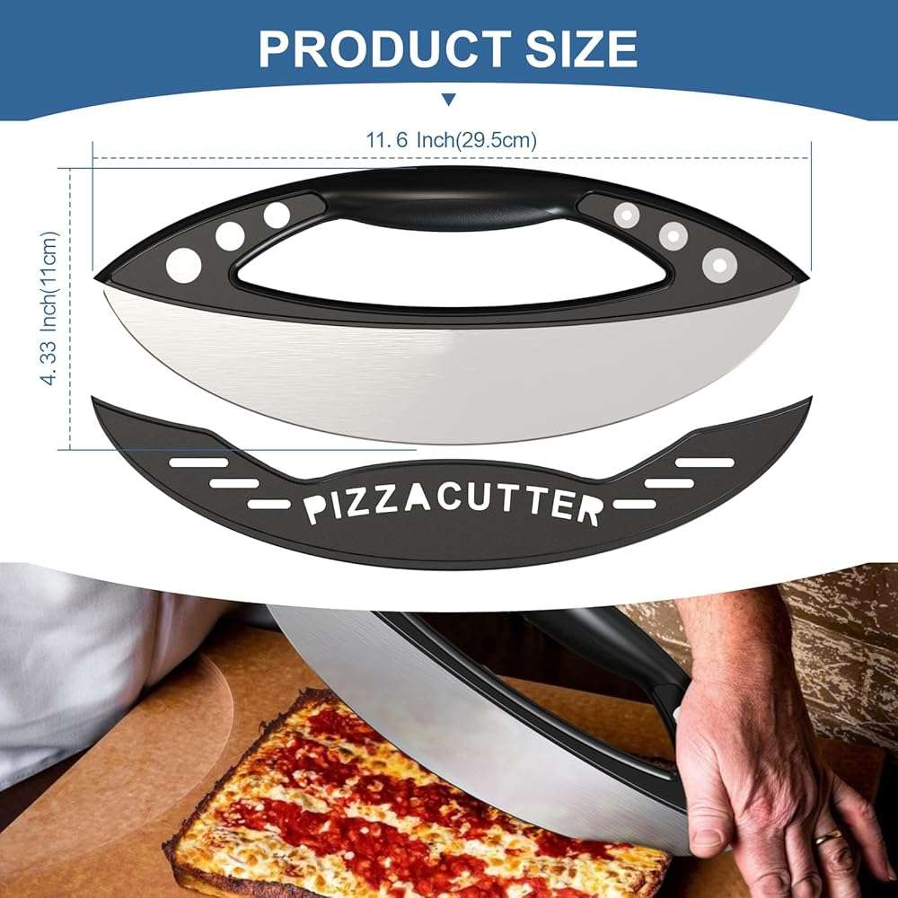 AILUROPODA 12-Inch Pizza Rocker Blade Cutter, Stainless Steel with Protective Cover, Silver - Image 2