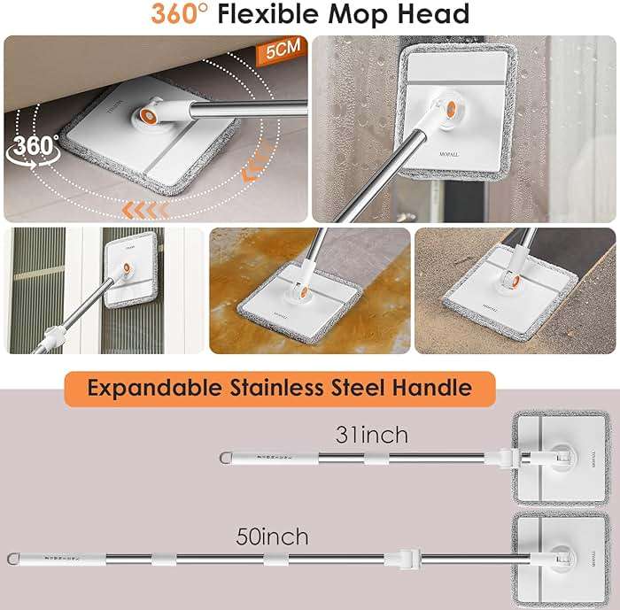 MOPALL Spin Mop and Bucket Set, Dual Chambers Dirty and Clean Water Self Separation for Floor Wall Window, Wet and Dry Mop and Bucket with Wringer Set for Home (1 Square Mop with 2 Microfiber Pads) - Image 6