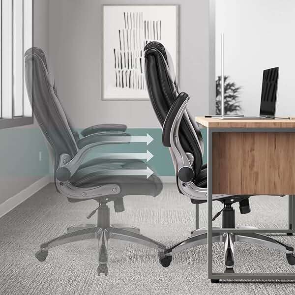 COLAMY Leather Executive Office Chair - High Back Home Computer Desk Chair with Padded Flip-up Arms, Adjustable Tilt Lock, Swivel Rolling Ergonomic Chair for Adult Working Study, Black - Image 2