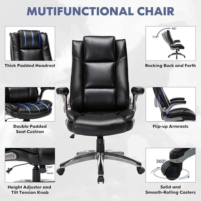 COLAMY Leather Executive Office Chair - High Back Home Computer Desk Chair with Padded Flip-up Arms, Adjustable Tilt Lock, Swivel Rolling Ergonomic Chair for Adult Working Study, Black - Image 4