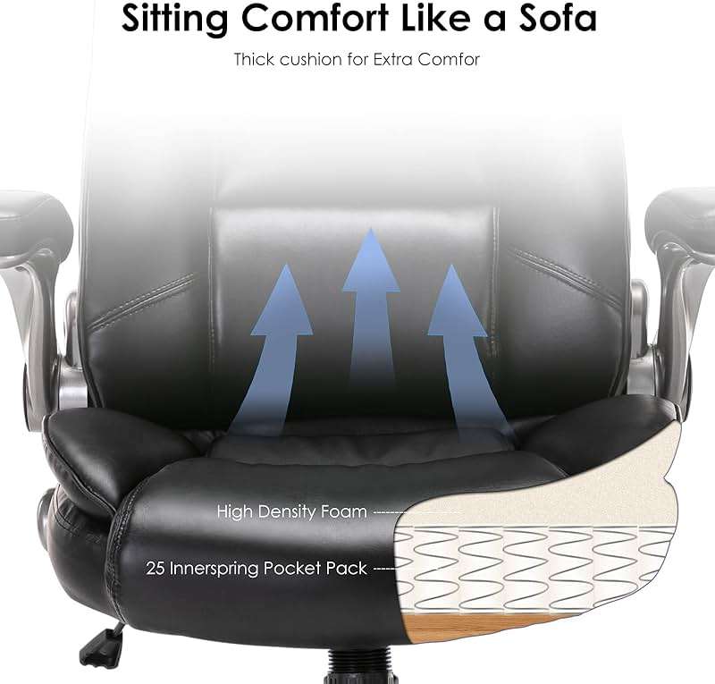 COLAMY Leather Executive Office Chair - High Back Home Computer Desk Chair with Padded Flip-up Arms, Adjustable Tilt Lock, Swivel Rolling Ergonomic Chair for Adult Working Study, Black - Image 5