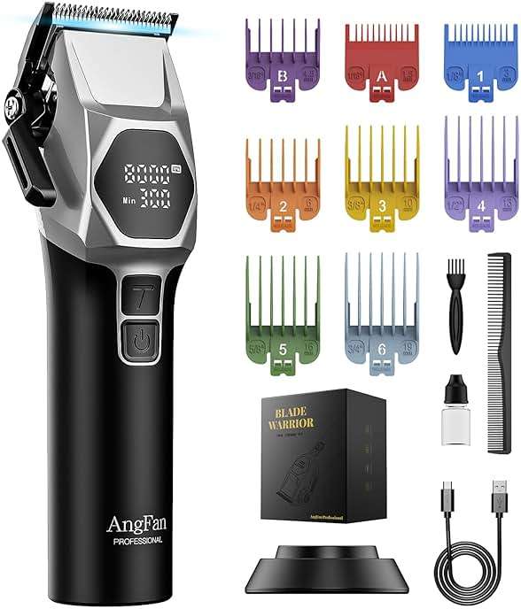 ANGFAN Professional Cordless Hair Clippers for Men - 8000RPM 5-Speed Motor with 440C Black Oxide Blades, Barber Clippers Kit with Charging Dock & 8 Guards,Salon Grade Hair Cutting Set for Barbers - Image 1