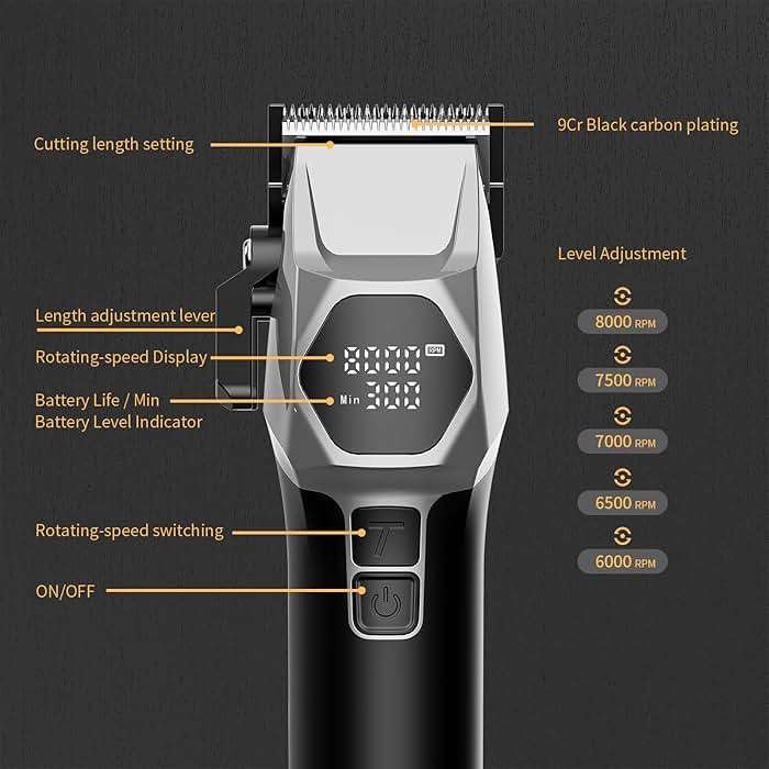 ANGFAN Professional Cordless Hair Clippers for Men - 8000RPM 5-Speed Motor with 440C Black Oxide Blades, Barber Clippers Kit with Charging Dock & 8 Guards,Salon Grade Hair Cutting Set for Barbers - Image 8