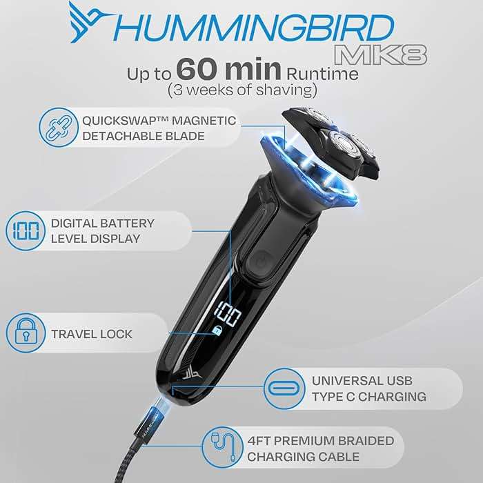HUMMINGBIRD MK8 Premium Rotary Face Shaver, Rechargeable Wet & Dry Electric Shaver with Pop-up Trimmer, Electric Razor for Men, Waterproof, Cordless USB-C Rechargeable, LED Display, Travel Case - Image 5