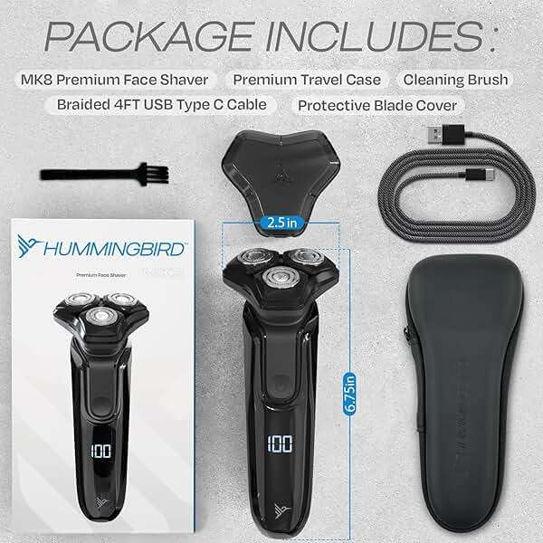 HUMMINGBIRD MK8 Premium Rotary Face Shaver, Rechargeable Wet & Dry Electric Shaver with Pop-up Trimmer, Electric Razor for Men, Waterproof, Cordless USB-C Rechargeable, LED Display, Travel Case - Image 7