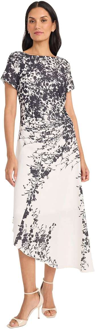 Maggy London Women's Women's Ruched Waist Asymmetrical Midi Dress - Boat Neck Short Sleeve - Special Occasion Wedding Guest Dress - Image 1