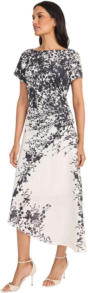Maggy London Women's Women's Ruched Waist Asymmetrical Midi Dress - Boat Neck Short Sleeve - Special Occasion Wedding Guest Dress - Image 2