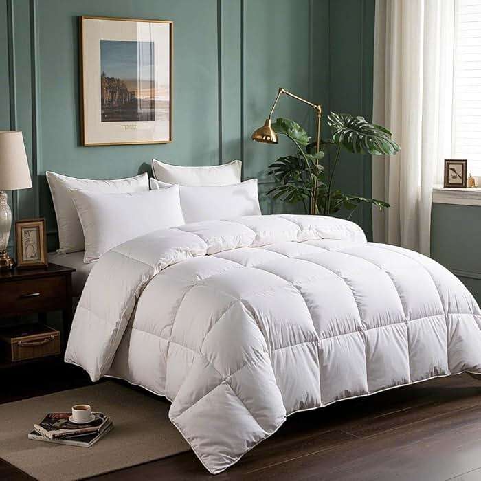 Serta Goose Feathers Down Fiber Comforter Queen Size Duvet Insert,100% Cotton Cover,Hotel Luxury Hypoallergenic Comforter 58oz All Season Medium Warmth 90 x 90 in White - Image 1