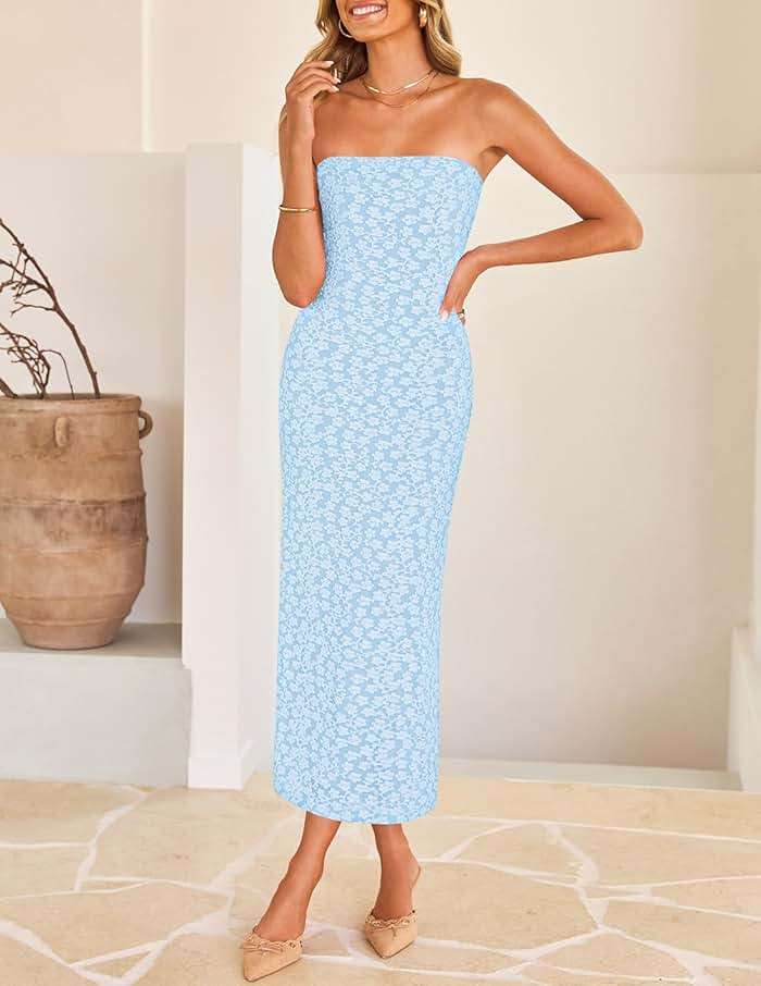 ZESICA Women's 2026 Summer Floral Strapless Bodycon Midi Dress Off Shoulder Beach Formal Cocktail Wedding Guest Long Dresses - Image 2