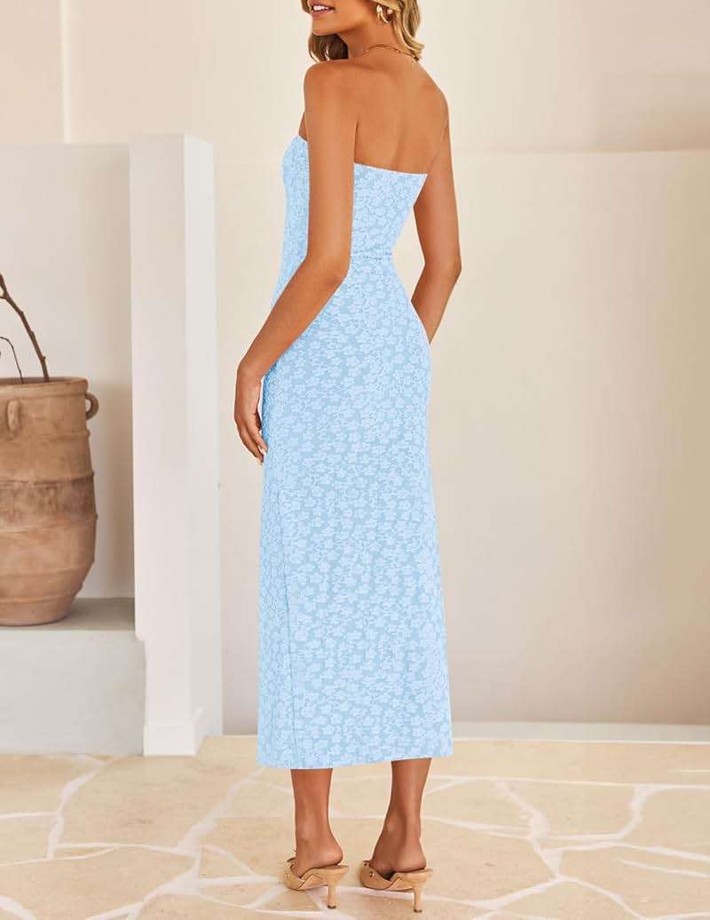 ZESICA Women's 2026 Summer Floral Strapless Bodycon Midi Dress Off Shoulder Beach Formal Cocktail Wedding Guest Long Dresses - Image 3