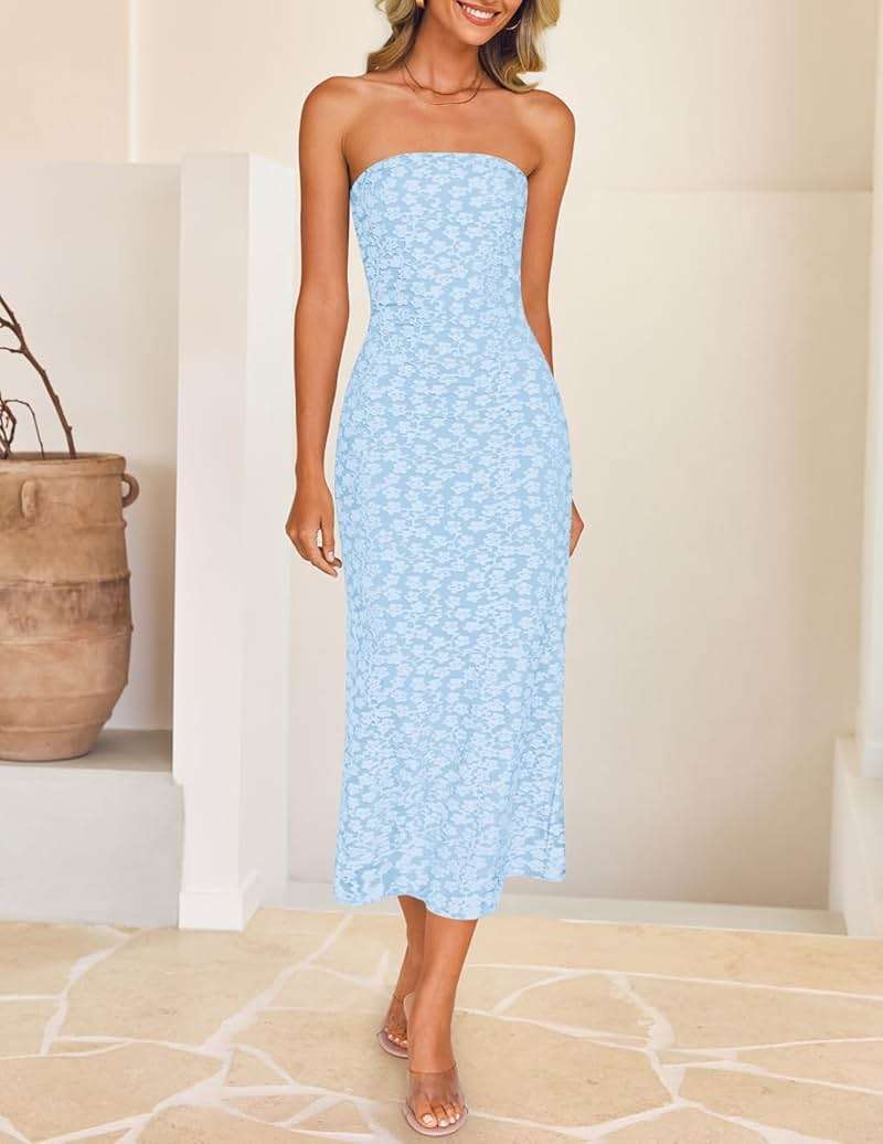 ZESICA Women's 2026 Summer Floral Strapless Bodycon Midi Dress Off Shoulder Beach Formal Cocktail Wedding Guest Long Dresses - Image 7