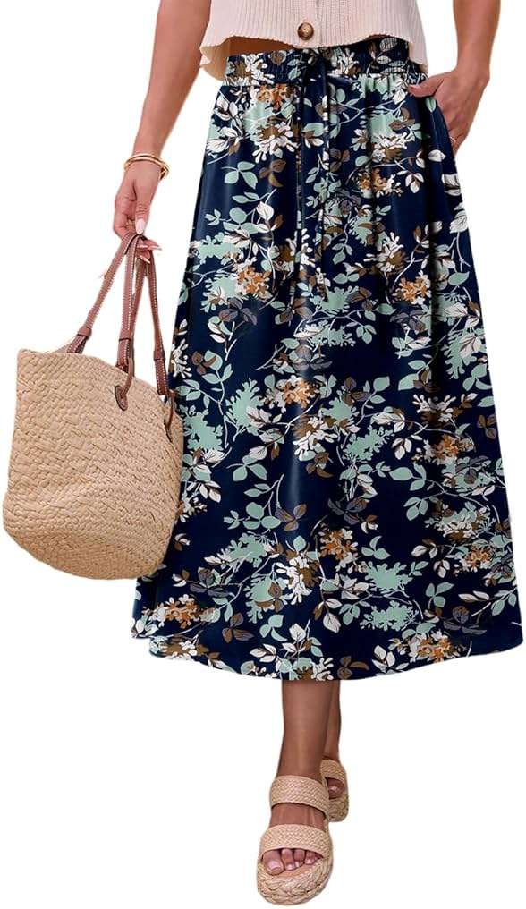 Magritta Women's Print Midi Skirt with Pocket Elastic High Waist 2026 Trendy A-Line Bohe Leopardr Swing Skirts for Women - Image 1