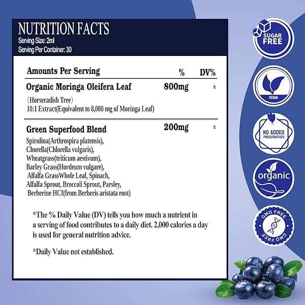 Raw Moringa Liquid Drops 8000 mg, Organic Moringa Oleifera Leaf Extract w. Supergreens Blend of Wheatgrass, Barley Grass for Antioxidant, Energy & Immune, High Potency Than Capsules Powder - Image 2