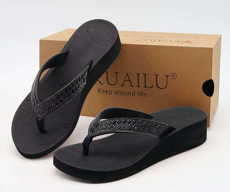 KuaiLu Women's Rhinestone Platform Arch Support Flip Flop Sandals - Image 6