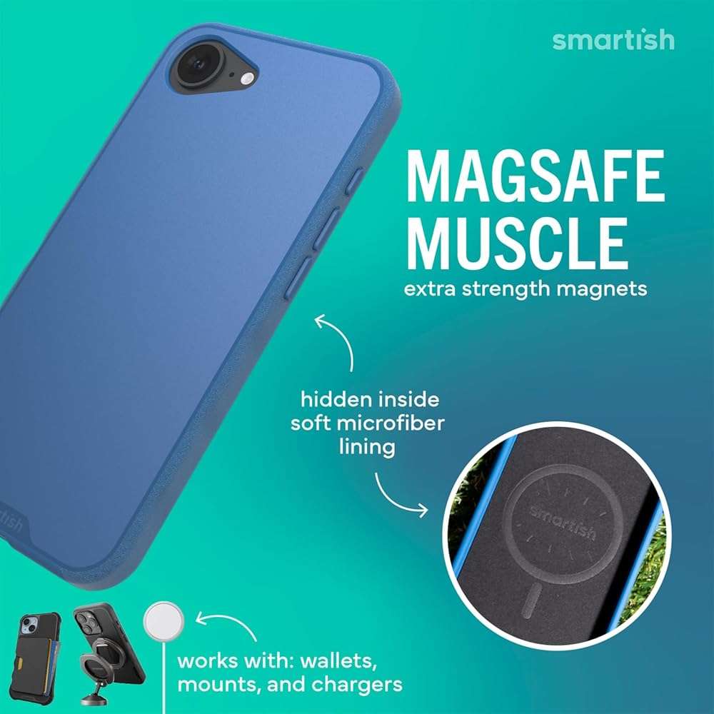 Smartish® iPhone 17e/16e MagSafe Case - Gripmunk Magnetic Slim Case [Lightweight + Protective] Drop Tested Thin Grip Cover with Microfiber Lining for Apple iPhone 17e/16e - Blues on the Green - Image 3